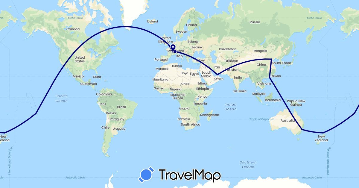TravelMap itinerary: driving in United Arab Emirates, Australia, Switzerland, China, France, United Kingdom, New Zealand, United States (Asia, Europe, North America, Oceania)